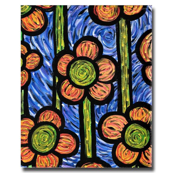 Colorful Abstract Original Painting Triptych Flowers Blue & Orange - Picture 2 of 4